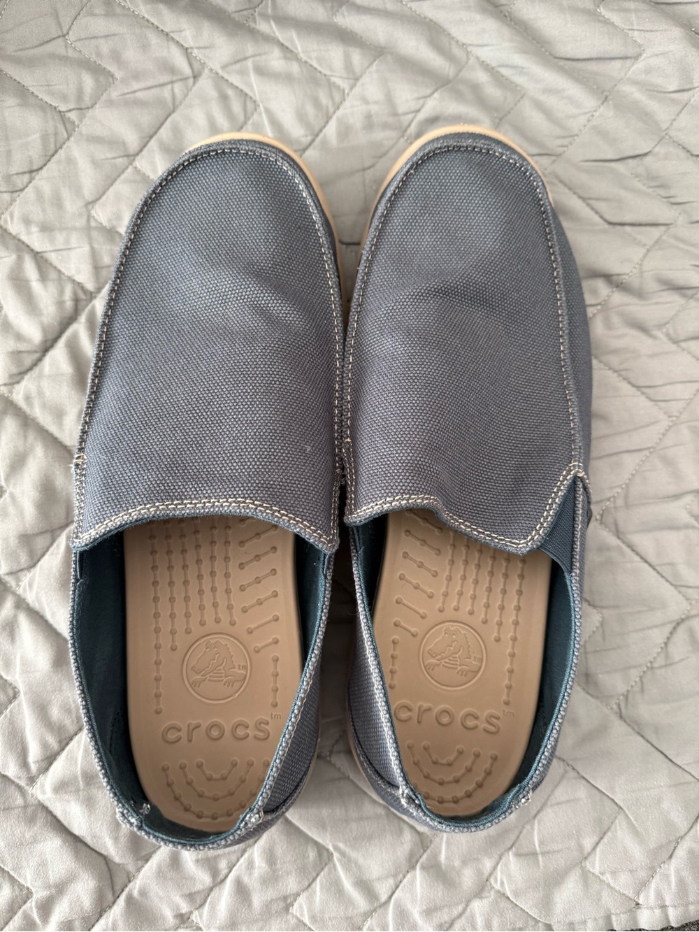 CROCS Santa Cruz Slip-On Canvas Shoes in Gray/Blue and Tan